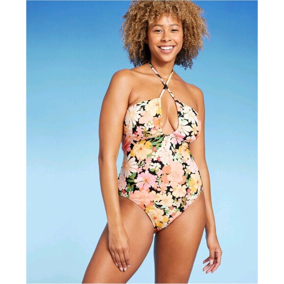 Shade and Shore Halter Keyhole Bandeau One Piece Swimsuit Multi Floral Large - Picture 3 of 6
